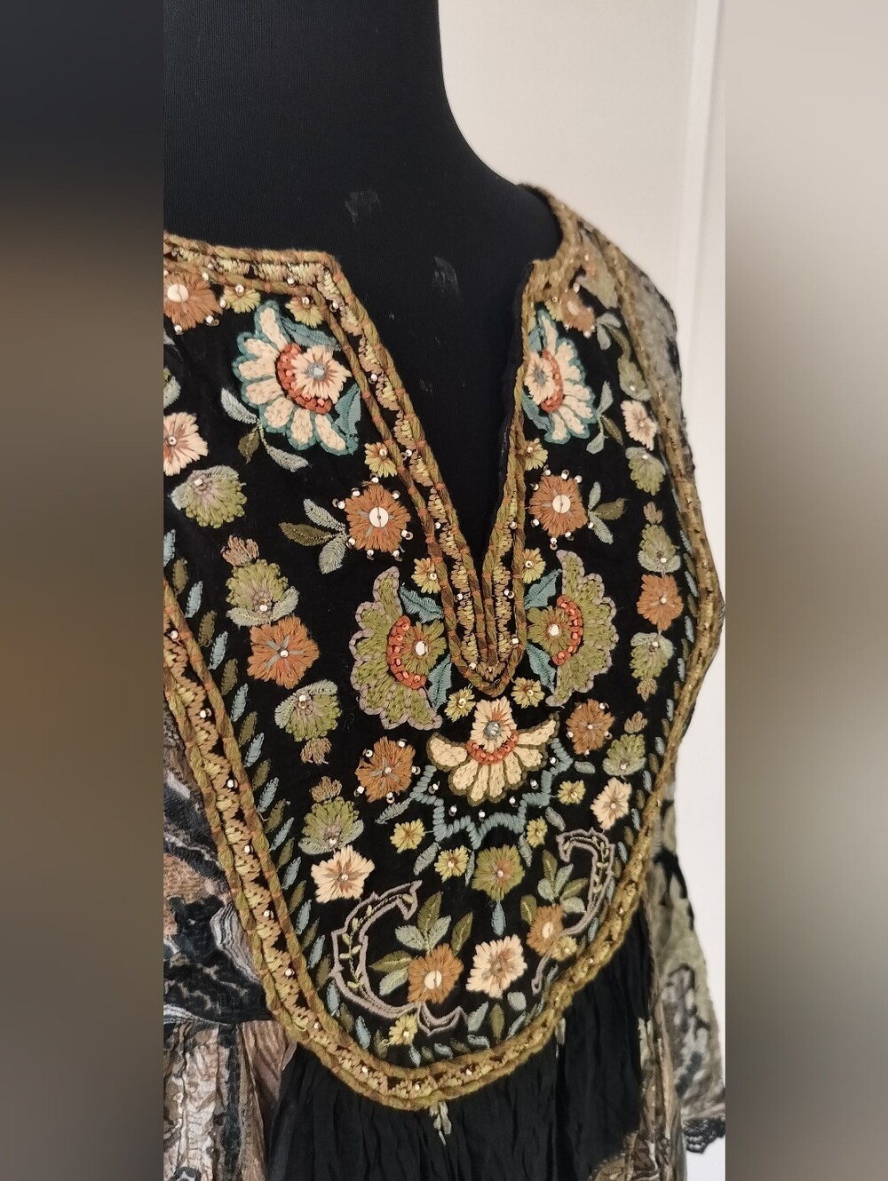 Ritu Kumar Black Embroidered Midi  Dress with Gold and Cream Accents - Picture 3 of 7